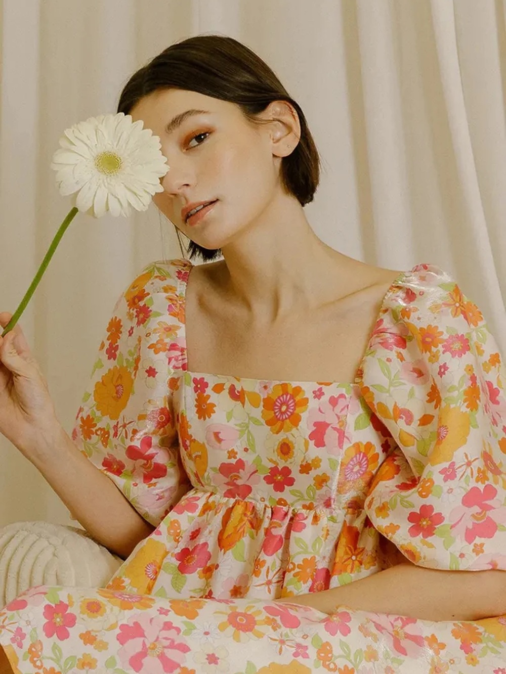 Storia Floral Square-Neck Puff Sleeve Top - Pink & Yellow